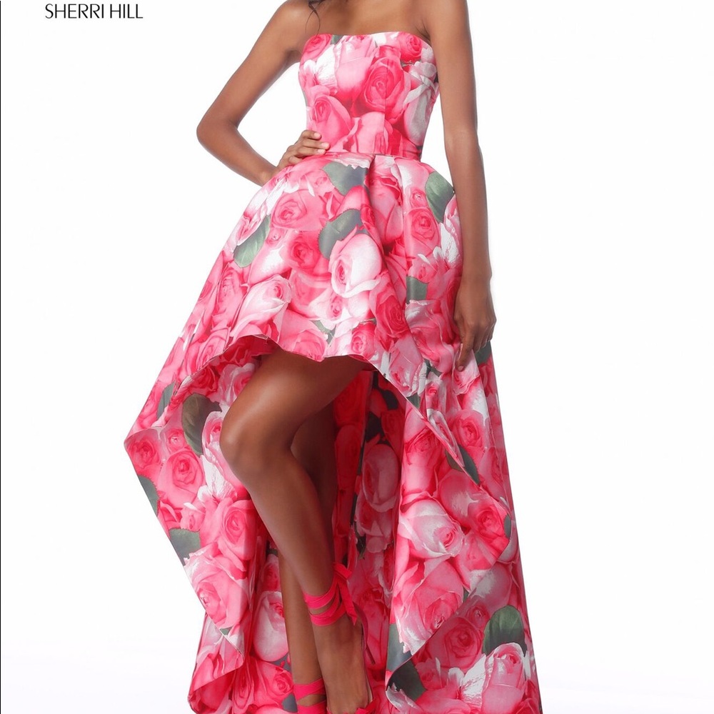 Sherri Hill Strapless taffeta high low with floral print